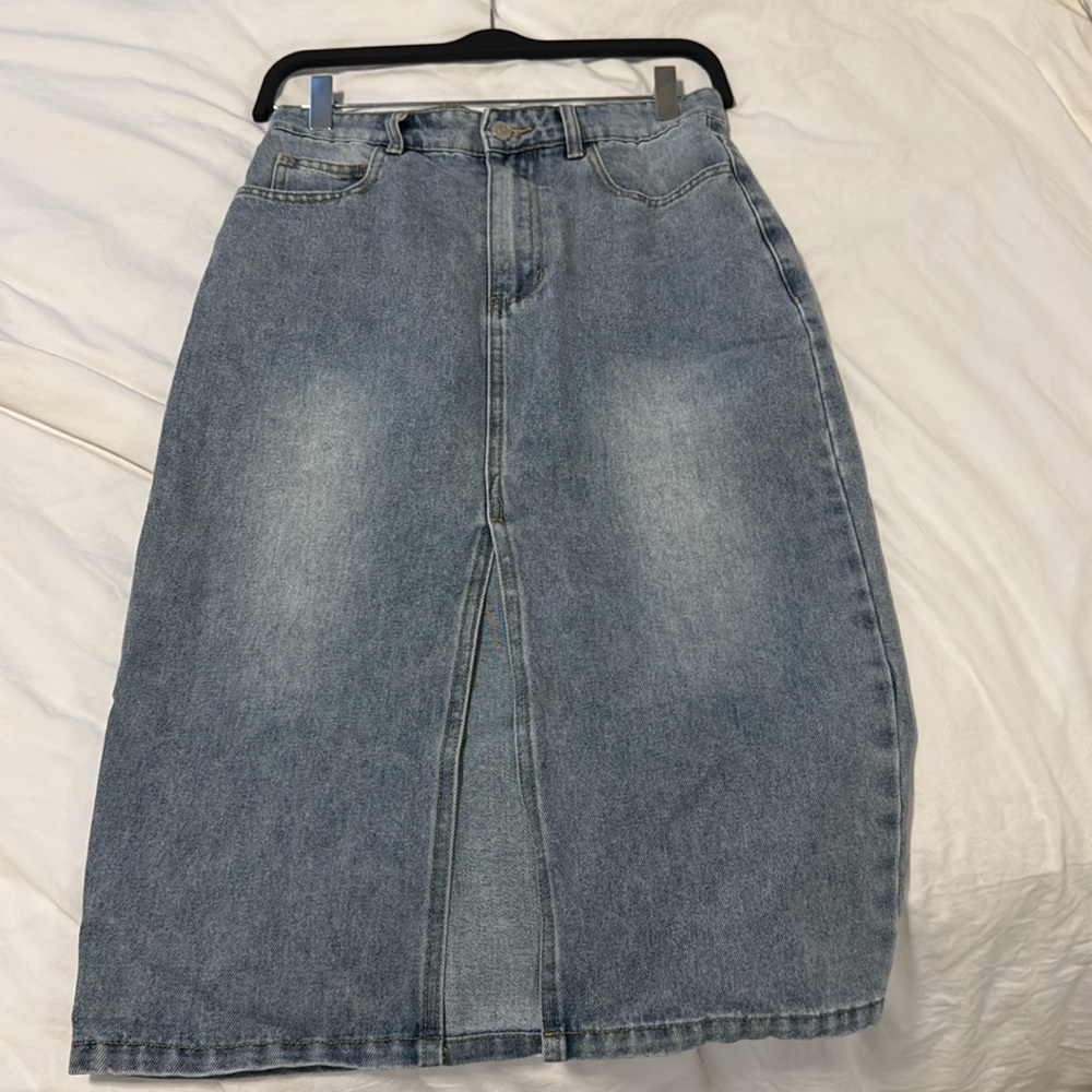 Crescent Denim Midi Skirt with Slit